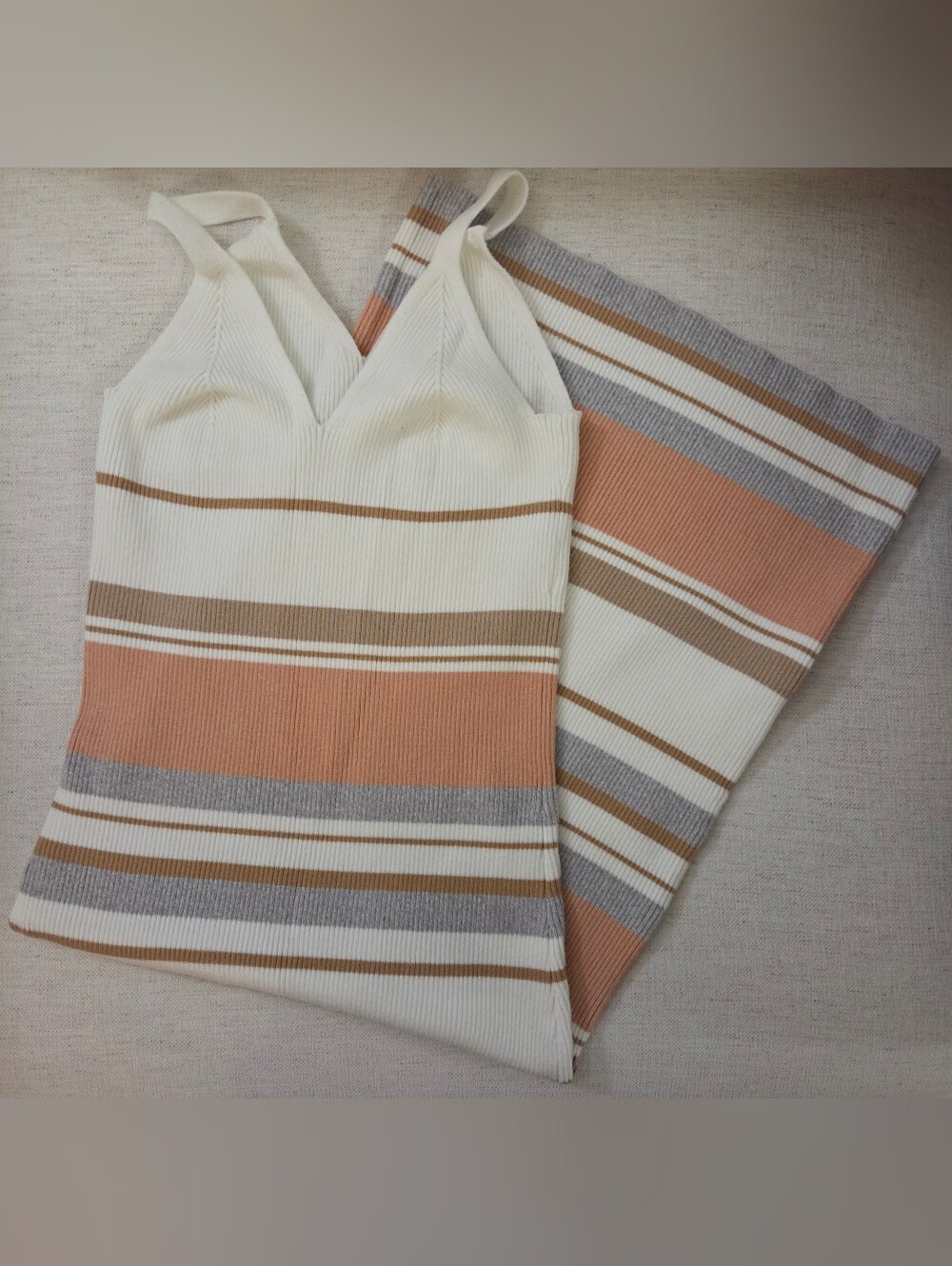 Striped Knit Dress in Cream, Tan & Gray. Size Large